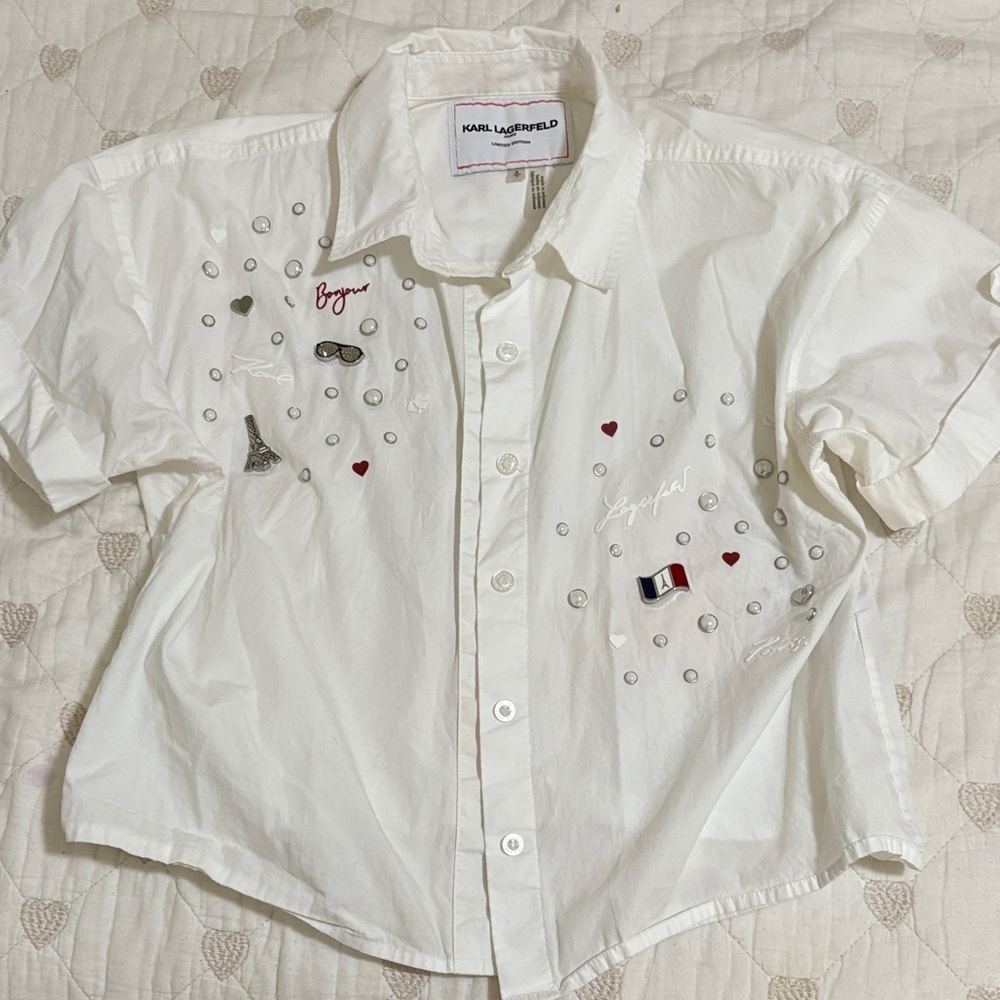 Karl Lagerfeld White Embellished Button Down Shirt - Picture 2 of 3